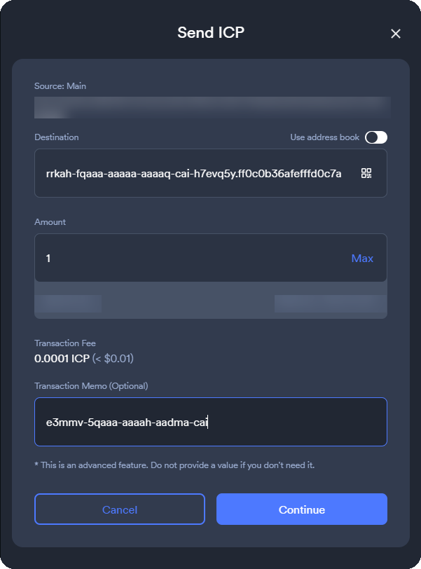 NNS dapp send ICP dialog using the staking account address and declared canister ID memo